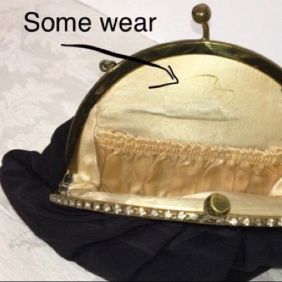 1960’s Rhinestones Kiss Lock Chiffon & Grosgrain Black Evening Bag - Picture 8 of 8